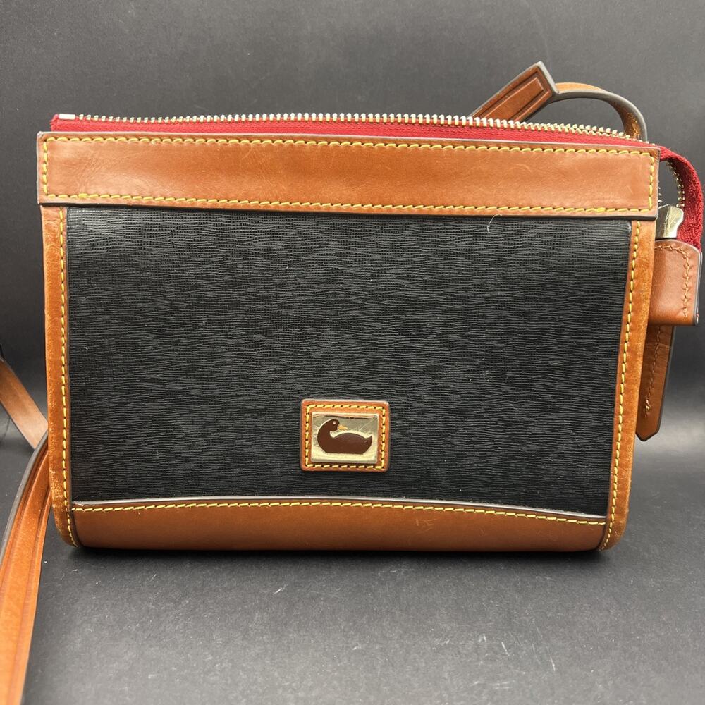 Dooney & Bourke Vintage Crossbody Black Brown Leather/Canvas Small-Medium 9.5x6”